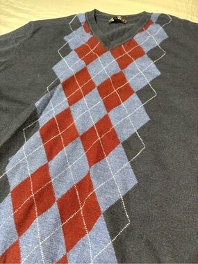 Vintage Simons Italy Merino Wool Argyle V-Neck Sweater Navy Blue Men's Large XL